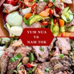 Comparison of Thai beef salads: yum nua with fresh vegetables on top, and spicy nam tok with toasted rice powder below.