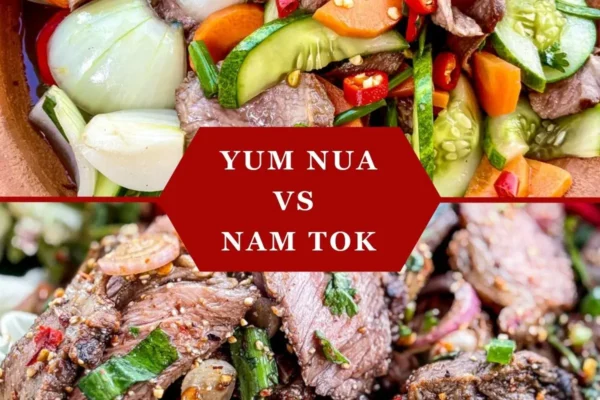 Comparison of Thai beef salads: yum nua with fresh vegetables on top, and spicy nam tok with toasted rice powder below.