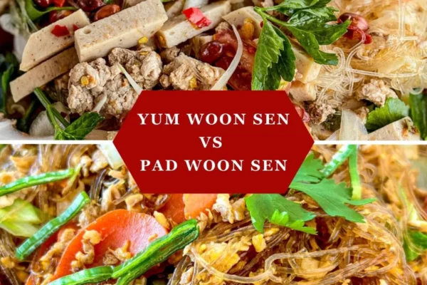 Yum woon sen vs pad woon sen side by side for comparison.