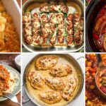 Collage of six easy back-to-school dinner recipes including cheesy chicken casserole, stuffed zucchini boats, slow cooker sausage and peppers, spaghetti with meat sauce, creamy skillet chicken, and hearty turkey chili with beans and corn.