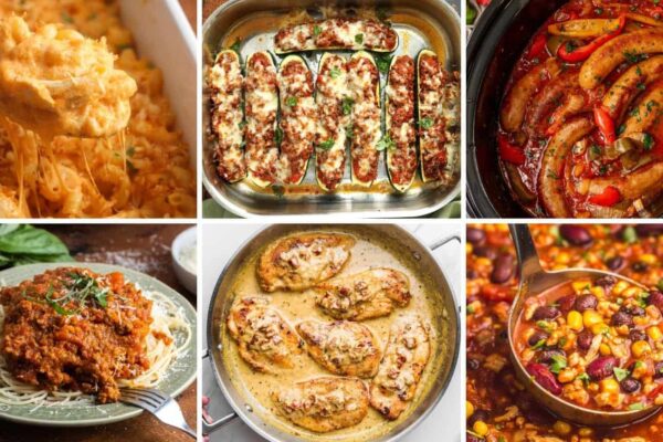 Collage of six easy back-to-school dinner recipes including cheesy chicken casserole, stuffed zucchini boats, slow cooker sausage and peppers, spaghetti with meat sauce, creamy skillet chicken, and hearty turkey chili with beans and corn.