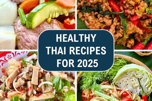 Collage of healthy Thai recipes for 2025 featuring colorful dishes like spicy beef salad, pad kra pao with fried egg, yum woon sen, and green papaya salad.