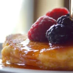 Stack of delicious flourless banana pancakes topped with fresh berries and syrup.