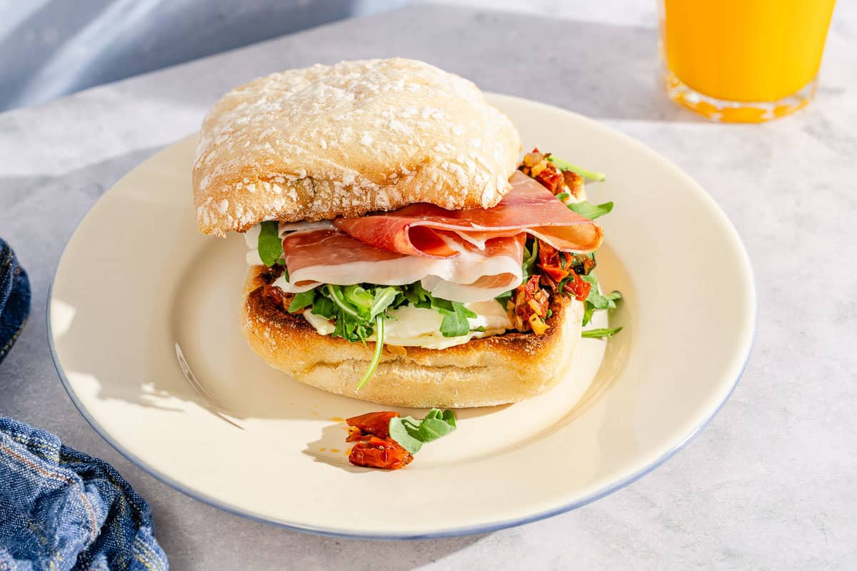 Breakfast Sandwiches with Prosciutto, Egg, Pesto, and Sun Dried Tomatoes