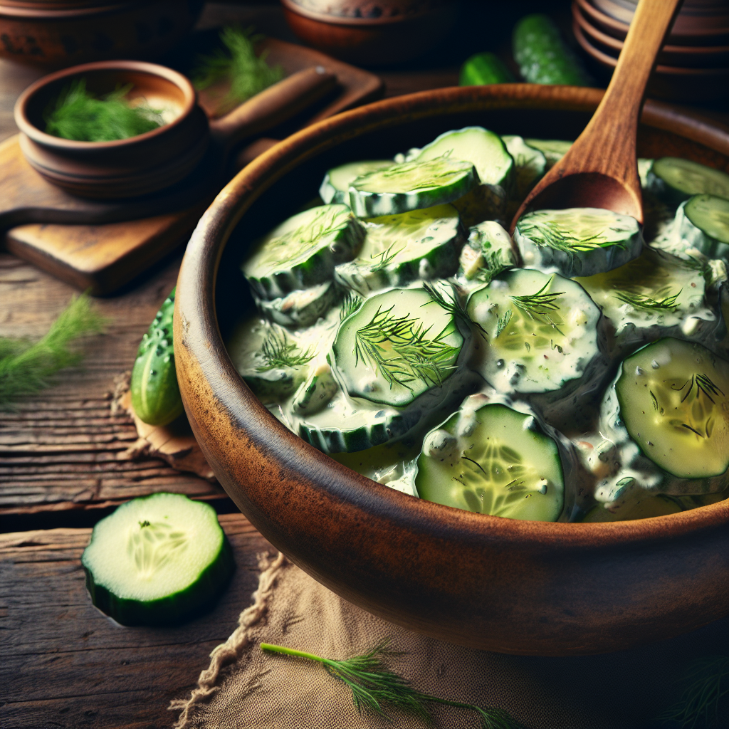 German cucumber salad in glass bowl with salad servers