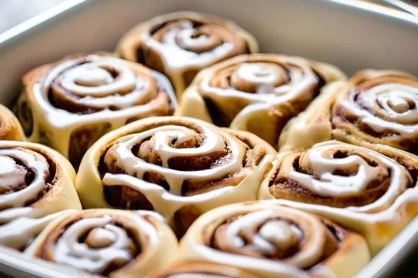 Delicious protein cinnamon rolls, freshly baked and glazed, in a baking dish.