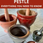 Variety of Thai mortar and pestle sets in clay and granite, titled