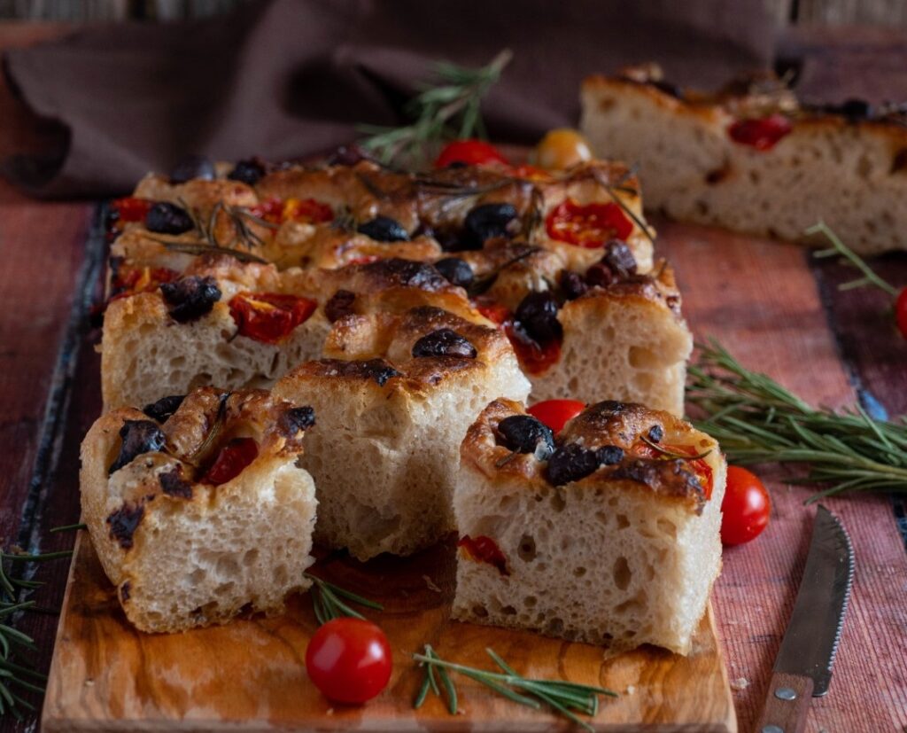 Focaccia with tomatoes and olives
