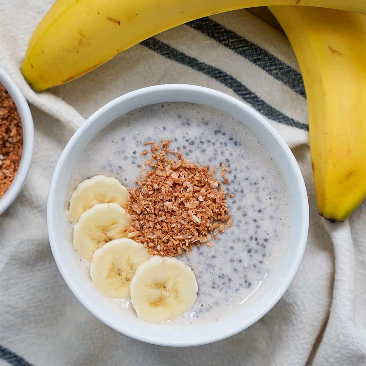 Banana chia pudding - Caroline's Cooking 1 close view of bowl of banana chia pudding from overhead.