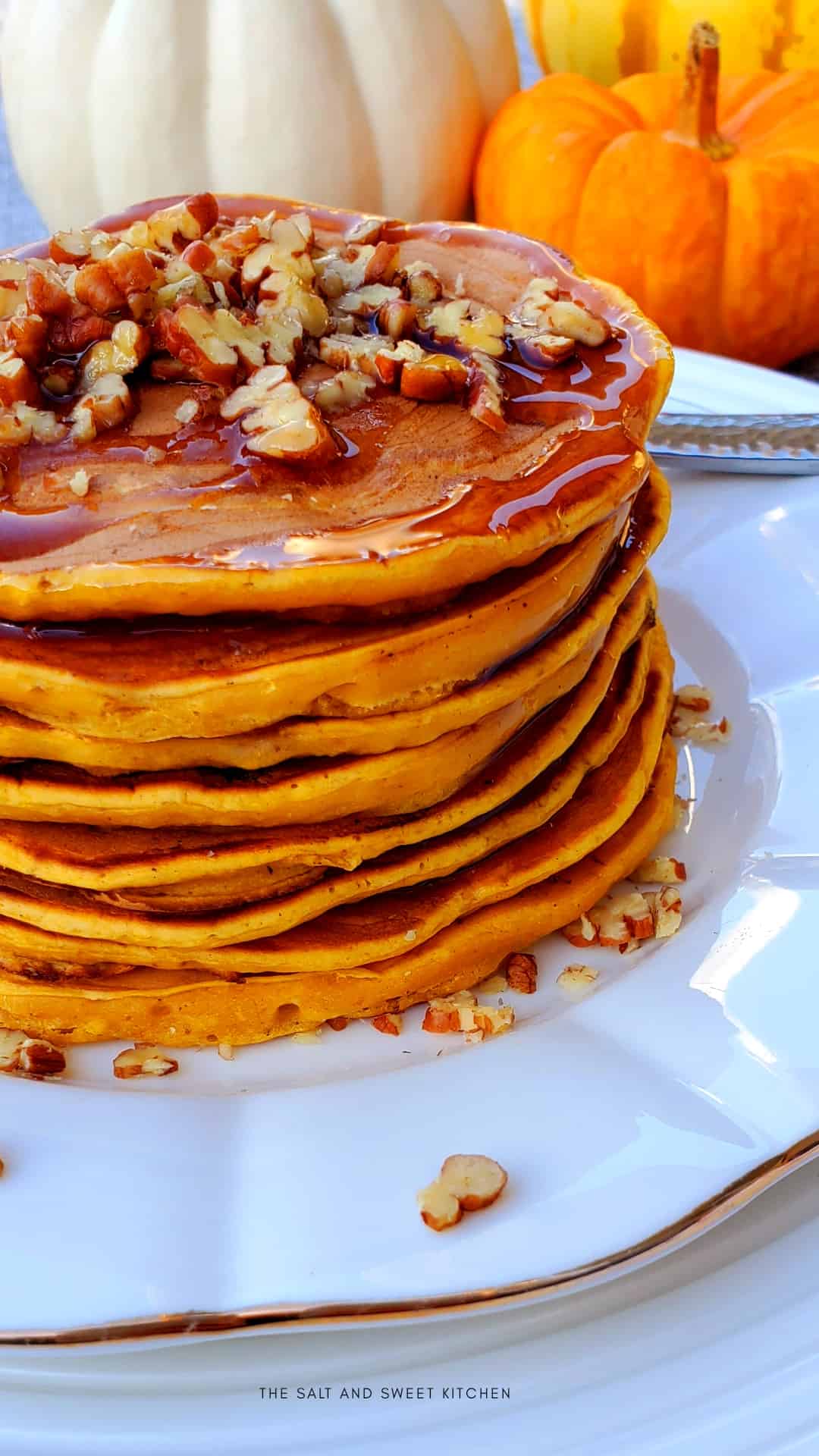 Pumpkin Pecan Pancakes - The Salt and Sweet Kitchen 2 These homemade Pumpkin pancakes are quick to whip up, light and fluffy and have a lovely  fall flavor.  #pumpkinpureerecipess
